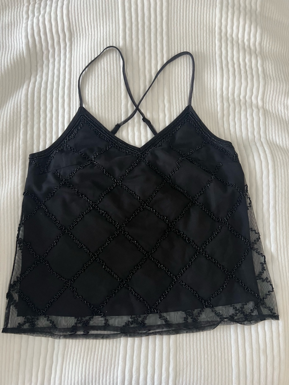 Anthropologie Black Beaded Lattice Camisole Slip